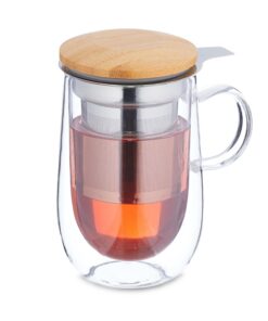 Relaxdays Doppelwandiger Teeglas 430 ml mit Edelstahl-Sieb und Bambusdeckel für Liebhaber des relaxenden Teetrinkens