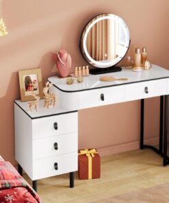 WOLTU Schminktisch mit Beleuchtung fuer Schlafzimmer, moderne Braun-Holzoptik & Weiß, 3 einstellbare Helligkeiten, 5 Sch