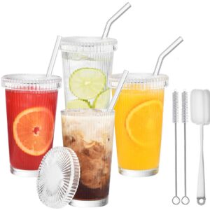 VITEVER Eiskaffeegläser 375 ML mit Deckel und Strohhalm, ideal für Bubble Tea, transparent gestreifte Trinkbecher für Mi