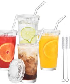 VITEVER Eiskaffeegläser 375 ML mit Deckel und Strohhalm, ideal für Bubble Tea, transparent gestreifte Trinkbecher für Mi