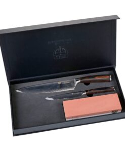 GRÄWE Damastmesser-Set - Kochmesser, Gemüsemesser, Wetzstein 1000/3000 für Profis in der Küche | GRÄWE 3-teiliges Damas