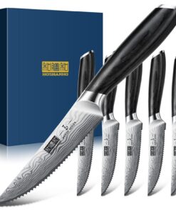 HOSHANHO 6-Teilig Steakmesser-Set, Ultrascharfes Steakmesser aus Pulverisiertem Kohlenstoffstahl, Japanische Wellenschli