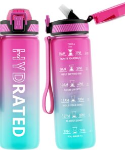 BPA-freie Tritan Trinkflasche 750ml mit Strohhalm, auslaufsicher & Zeitmarkierung für Fitness & Sport - Lila Grün