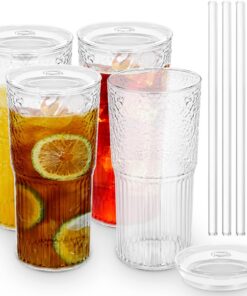 Glasbecher mit Deckel und Glasstrohhalmen, Borosilikatglas, breite Öffnung für Smoothies und Bubble Tee, 590 ml, Reiseb