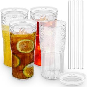 Glasbecher mit Deckel und Glasstrohhalmen, Borosilikatglas, breite Öffnung für Smoothies und Bubble Tee, 590 ml, Reiseb