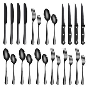 TAN REN Besteck Set Schwarz 4 Personen - Edelstahl, 24 Teile - Elegantes Essen für Küche/Restaurant - Hochwertiges Steak