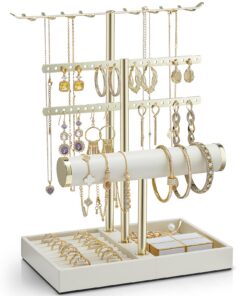 Vlando Vlando Schmuck Organizer 4 Etagen Schmuckständer Gold mit Lederner Armbandhalter - Schmuckaufbewahrung für Frauen