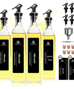 4-Pack Olivenöl Flasche 500ml, mit Ölspender Glas und Blackburn Oversized Labels für Küchenorganisation und Dekoration