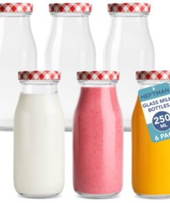 HEFTMAN Glas-Milchflaschen 250 ml Set mit 6 luftdichten Mini-Flaschen mit rotem Gingham-Deckel