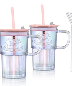 Joeyan Regenbogen Trinkbecher 430 ml Saft Eiskaffee Smoothie mit Henkel und Deckel, Niedlicher Panda-Muster Set of 2