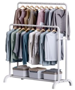 Venwemong stabilen Kleiderständer Doppelt, ausziehbar mit unterem Gestell 150x110x56cm für Mäntel, Röcke und Hemden Weiß