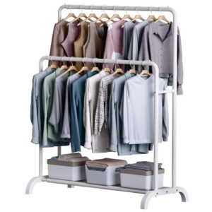 Venwemong stabilen Kleiderständer Doppelt, ausziehbar mit unterem Gestell 150x110x56cm für Mäntel, Röcke und Hemden Weiß