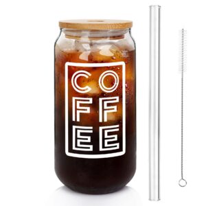 ANOTION Eisgetränktasse mit Deckel und Strohhalm für Reisen und Büro - 20 Oz Glas Kaffeetasse mit Bambusdeckel und Stroh