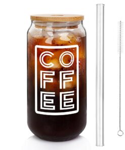 ANOTION Eisgetränktasse mit Deckel und Strohhalm für Reisen und Büro - 20 Oz Glas Kaffeetasse mit Bambusdeckel und Stroh
