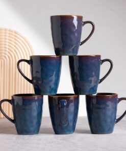 Kaffeetassen Set 6 Stück Porzellan 370ml Mitternachtsblau mit Henkel für Cappuccino Espresso