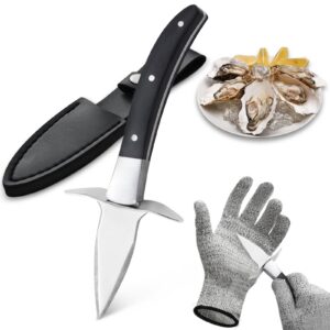 BEWOS 3 Stück Austernmesser Set - Edelstahlklinge, Premium Handschuh & Holzgriff für Austernziehen und Schalentierbearbe