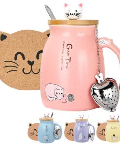 Thuro Katze Becher - Kaffeetasse mit Deckel, Löffel, Teefilter und Untersetzer - Ideal Geschenk für Katzenliebhaberinnen