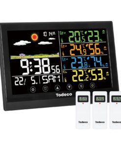 Todeco Wetterstation Funk mit 3 Außensensor - Groß Farbdisplay Wettervorhersage Thermometer Feuchtigkeit