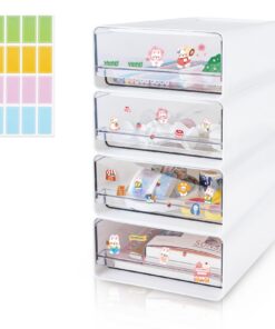 4er Set Stapelbarer Schreibtisch Organizer mit 4 Schubladen - Transparent Weiß mit Etiketten für Schminktisch & Büro