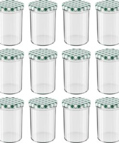 WELLGRO 12x Einmachgläser mit Schraubdeckel - 435 ml, 8,5 x 12 cm (ØxH), Glas/Metall, grüne karierte Deckel | TO 82 | Ma