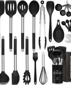 Küchenhelfer Set: 33-teiliges Silikon Küchenutensilien mit Edelstahlgriff für Kochen und Backen | Spülmaschinenfest | An