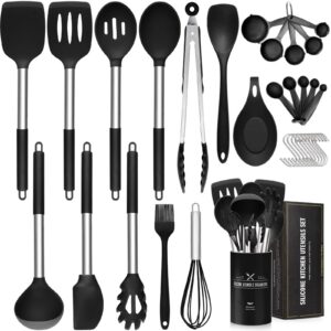 Küchenhelfer Set: 33-teiliges Silikon Küchenutensilien mit Edelstahlgriff für Kochen und Backen | Spülmaschinenfest | An