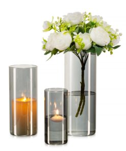 Glas Zylinder Vase Schwarz Grau 3er Set - Blumenvase Kerzenhalter für Hochzeit Tischdeko