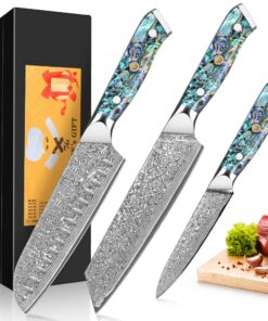 Sicherheitsmesser Set von Santoku mit 1|4-19cm Damaststahl, Geschenkbox und Abalone-Muschel Griff