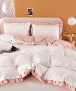 Freyamy Romantische Weisse und Rosse Bettwäsche Set 135x200cm 2teilig Weiße Rüschendekken für Mädchen Wendebett Uni Desi