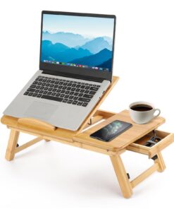 Queiting Laptoptisch für Lesen und Frühstück 50x30cm mit Schublade und Lüftungslöchern für Notebooktisch Bambus