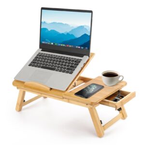 Queiting Laptoptisch für Lesen und Frühstück 50x30cm mit Schublade und Lüftungslöchern für Notebooktisch Bambus