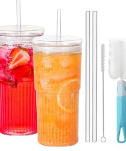 Dazztime Transparente Gestreifte Glas-Wasserbecher 570ml,Eiskaffee Gläser Bubble Tea Becher,570ml Glasbecher Set
