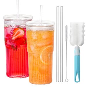 Dazztime Transparente Gestreifte Glas-Wasserbecher 570ml,Eiskaffee Gläser Bubble Tea Becher,570ml Glasbecher Set