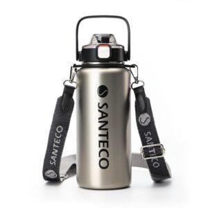 SANTECO Thermosflasche Edelstahl BPA-Frei 1,2l für Laufen und Wandern mit Abnehmbarer Schultergurt und Spülmaschinenfest