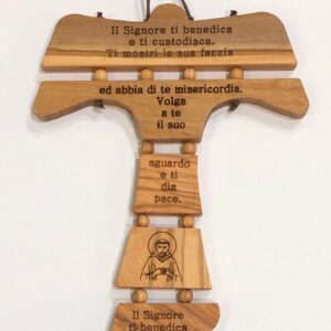 IL SOLE Kreuz Tau Wand aus Olivenholz, Gebet Segen des heiligen Franziskus für Heilige und Pilger, ideales Geschenkkreuz