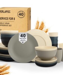 Perlapoc 40-teiliges Geschirr-Set aus Weizenstroh, ideal für Großfamilien, geschmackvoll und praktisch für jeden Tisch,