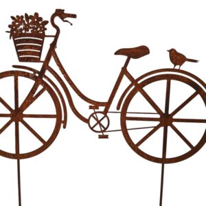 Bornhöft Gartenstecker Fahrrad mit Blumenkorb Trendy Vintage-Design Edelrost zur Gartenerneuerung Funktionales Dekorativ