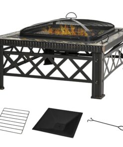 Outsunny 3-in-1 Feuerschale mit Funkenschutz Grillrost Eiskübel - Schwarz 76x76x47cm Garten BBQ