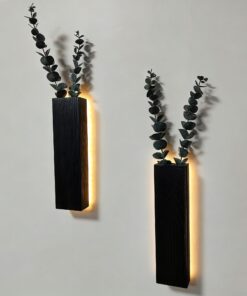2er Set Holz Wandvase mit LED-Lichtern & Fake Eukalyptus Vines für Wohnzimmer Badezimmer Wanddeko (Schwarz)
