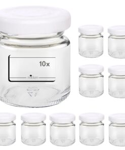 Mikken 10 kleine Einmachgläser 53ml für Marmelade inklusive Weissen Deckeln und Etiketten