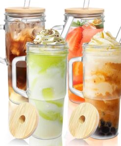 Trinkgläser mit Deckel und Strohhalmen - 4 Pack 680ml Glasbecher mit Griff für Eissmoothie, Kaffee & Cocktails | Wieder