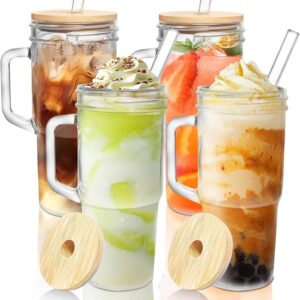 Trinkgläser mit Deckel und Strohhalmen - 4 Pack 680ml Glasbecher mit Griff für Eissmoothie, Kaffee & Cocktails | Wieder