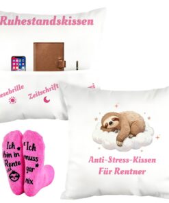 Renteneintritt Geschenkset für Frau | Ruhestandskissen 1 Paar | Ich Bin In Rente, Ich Muss Gar Nix Rente Socken | Doppel