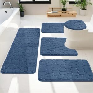 Heavyoff Marineblau Badzimmerteppich Set 5 Teilig, Weiche Matratze und Sicherheitsvorleger, Badteppich rutschfest und wa