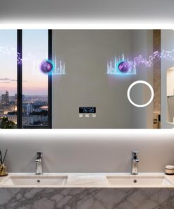 LUVODI Badspiegel mit Beleuchtung Bluetooth: Led Spiegel 120x70cm mit 3-Fach Schminkspiegel und Uhr, 3 Lichtfarben einst