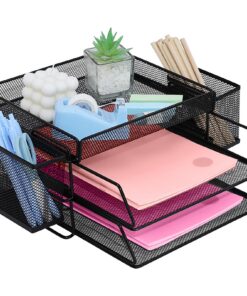 Stapelbarer Metall Schreibtisch Organizer Schwarz mit 2 Dokumentenfächern & Stiftehaltern für A4 Büro Postablage