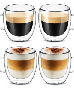 Doppelwandige Kaffeetassen mit Henkel 4 x 250 ml - Doppelwandige Latte Macchiato Gläser - Hitze- und Kältebeständigkeit