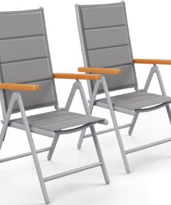LIFERUN Outdoor Esszimmerstuhl Hochlehner Klappbar Silbergrau 7-Fach Verstellbar 120 kg Trageweiter Aluminum Balkonstuhl