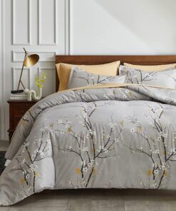 Lanqinglv Bettdecke 155x220cm Ganzjahresdecke für Allergiker in Grau Weiß mit Blätter Blumenmuster