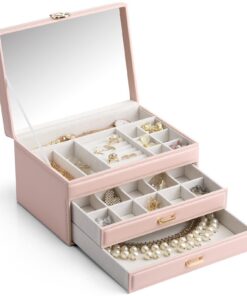 Vlando Schmuckkästchen, große Kapazität, Kunstleder und Spiegel für Schmuck-Organizer (Rosa)